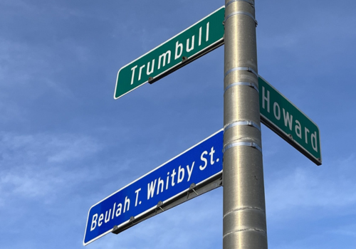 Two green street signs and one blue secondary street sign