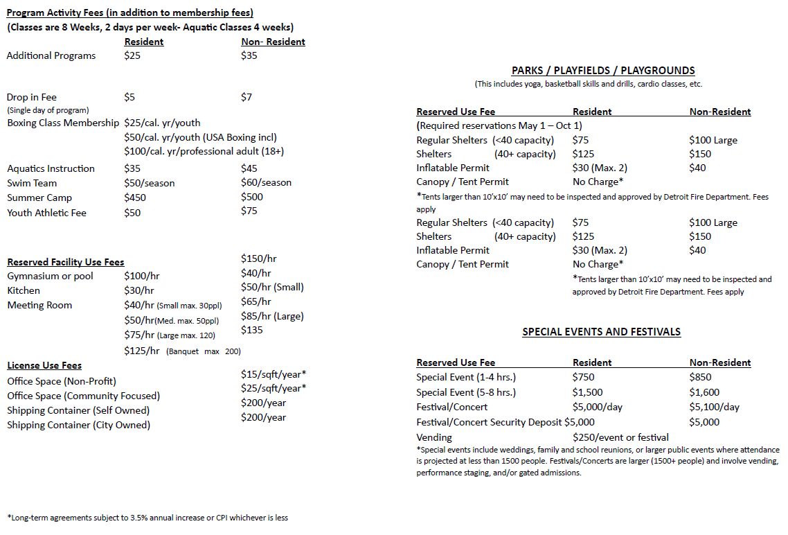 Parks &amp; Rec Fee Schedule 2024