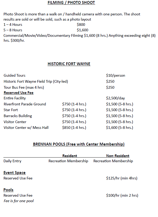 Parks &amp; Rec Fee Schedule 2024