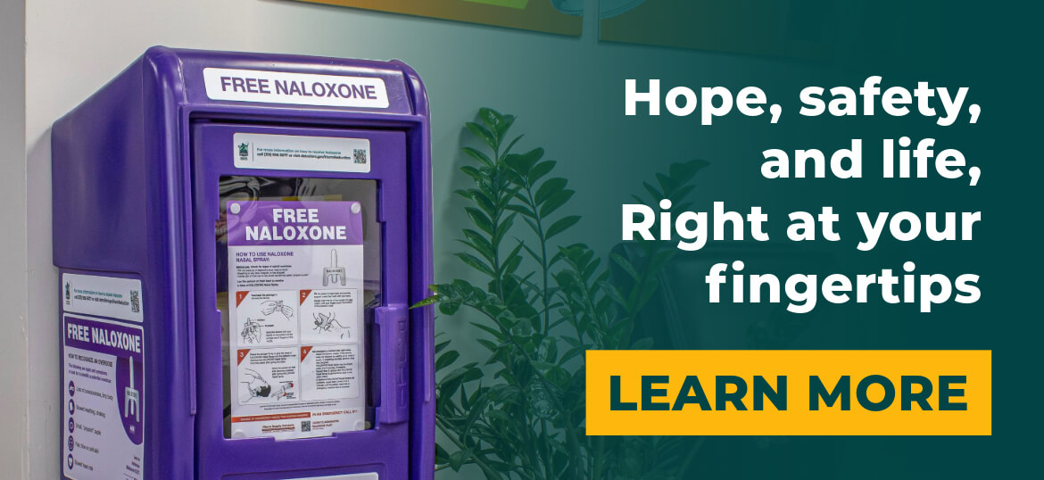 Image of a picture of a Harm Reduction Wellness Station Newsstand, with the following headline: "Hope, safety, and life. Right at your fingertips. Learn More"