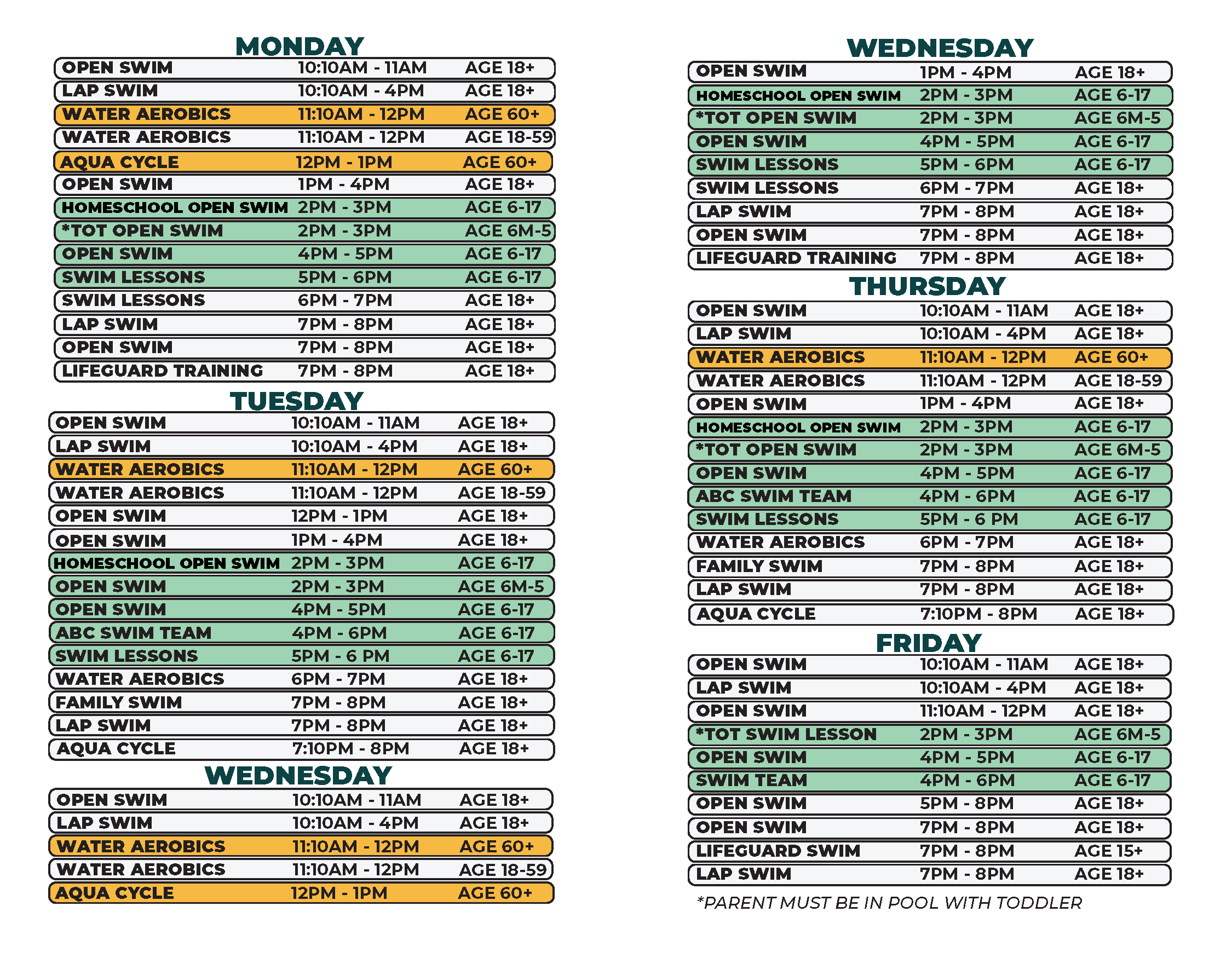 ABC Spring Schedule - Swim