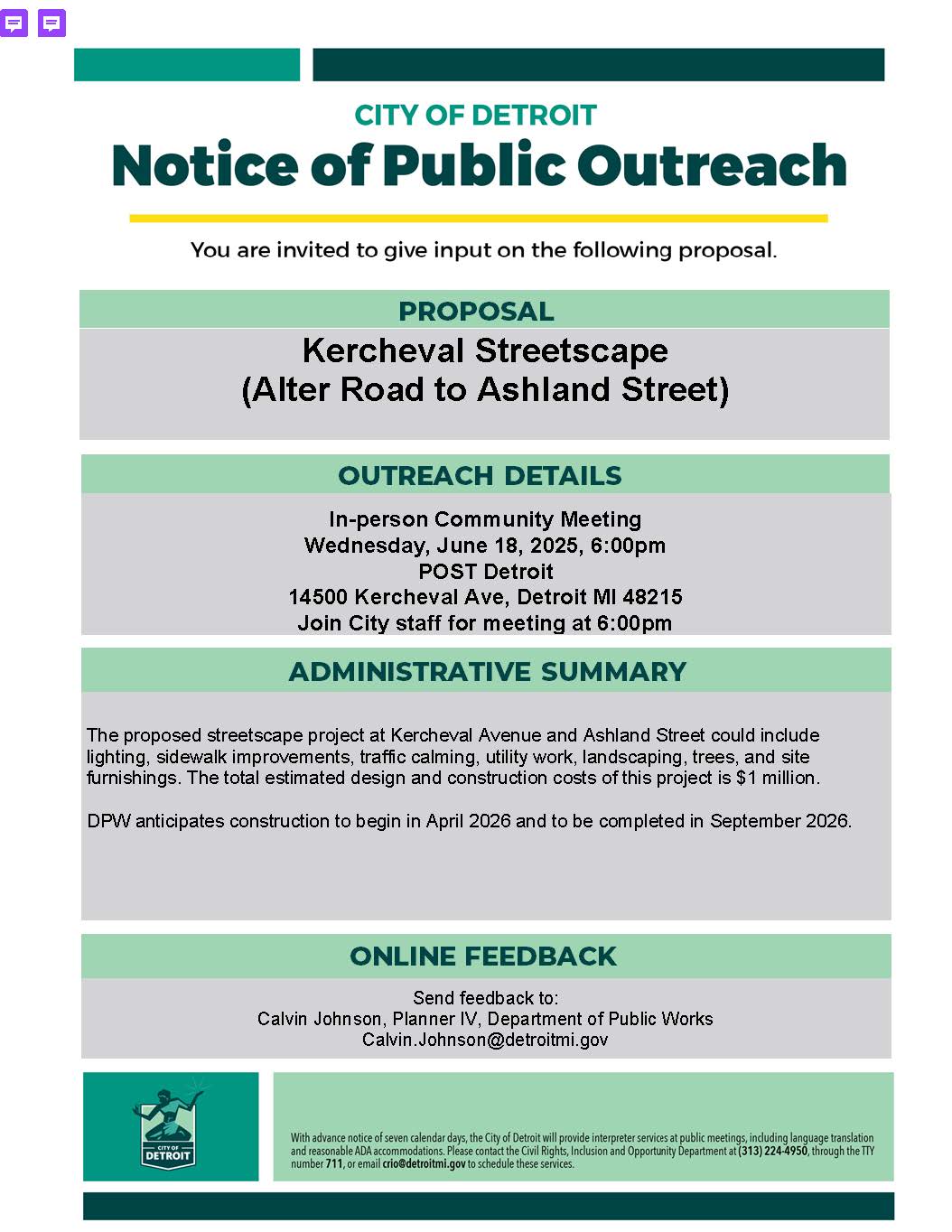 Kercheval Streetscape (Alter Road to Ashland Street) IN-PERSON MEETING