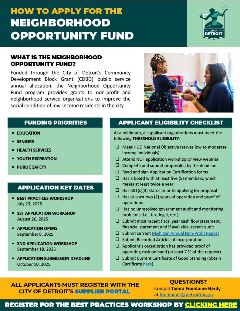 Flier for the 2026-2027 Neighborhood Opportunity Fund/NOF Program