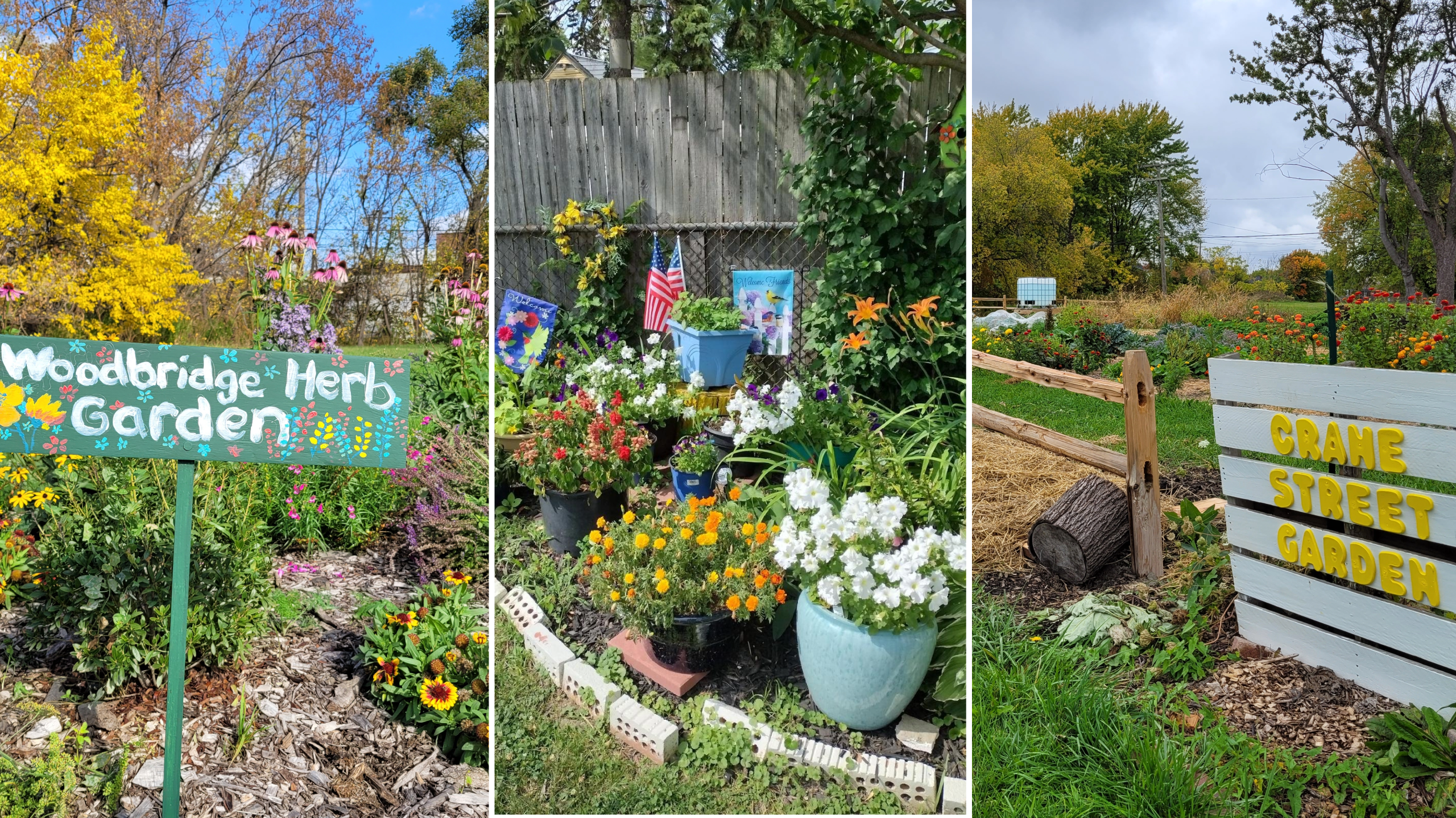 Three pictures of urban gardens funded by the Neighborhood Beautification Program, with flowers, landscaping, and signage