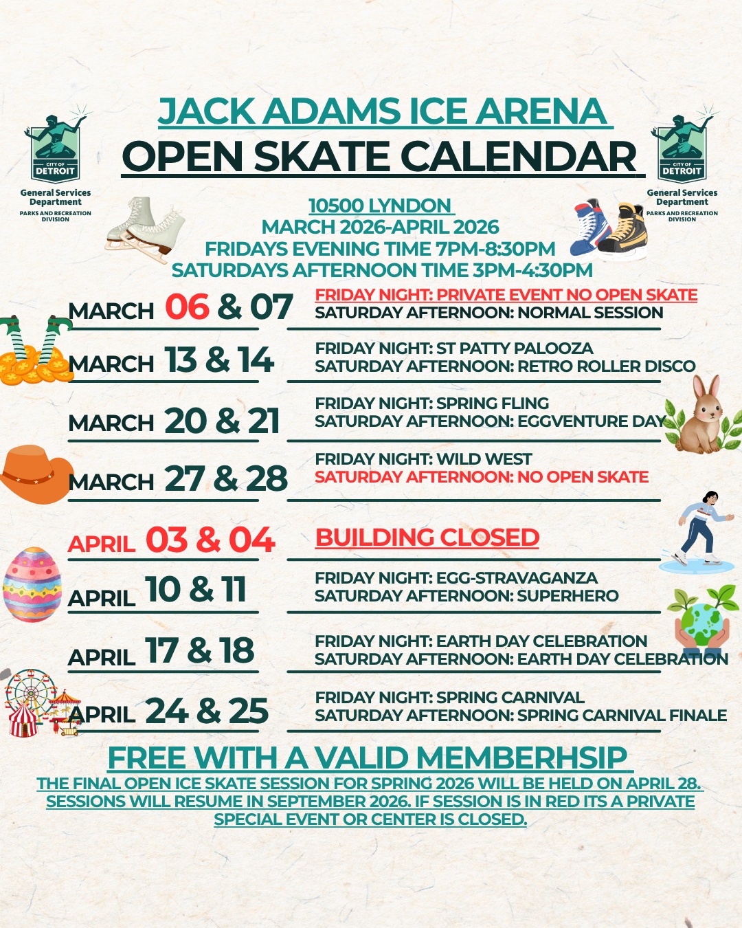 The open skate calendar for the Jack Adams Ice Arena. The events are throughout the month of March and April