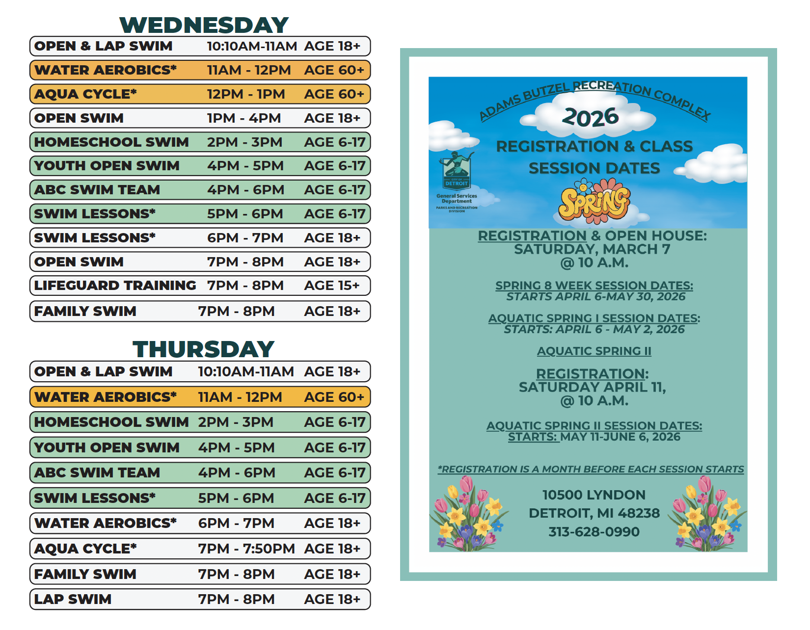 The Wednesday and Thursday aquatics schedule for Adams Butzel Complex