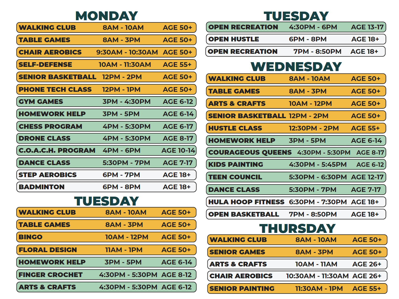 Heilmann Recreation Center Spring 2026 Schedule - updated (Monday through Thursday)
