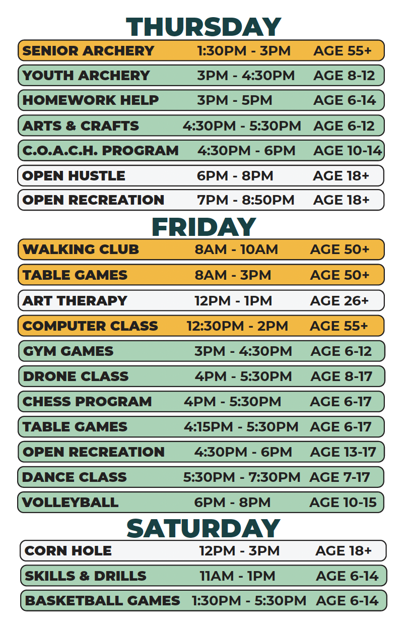 Heilmann Recreation Center Spring 2026 Schedule (Thursday through Saturday)