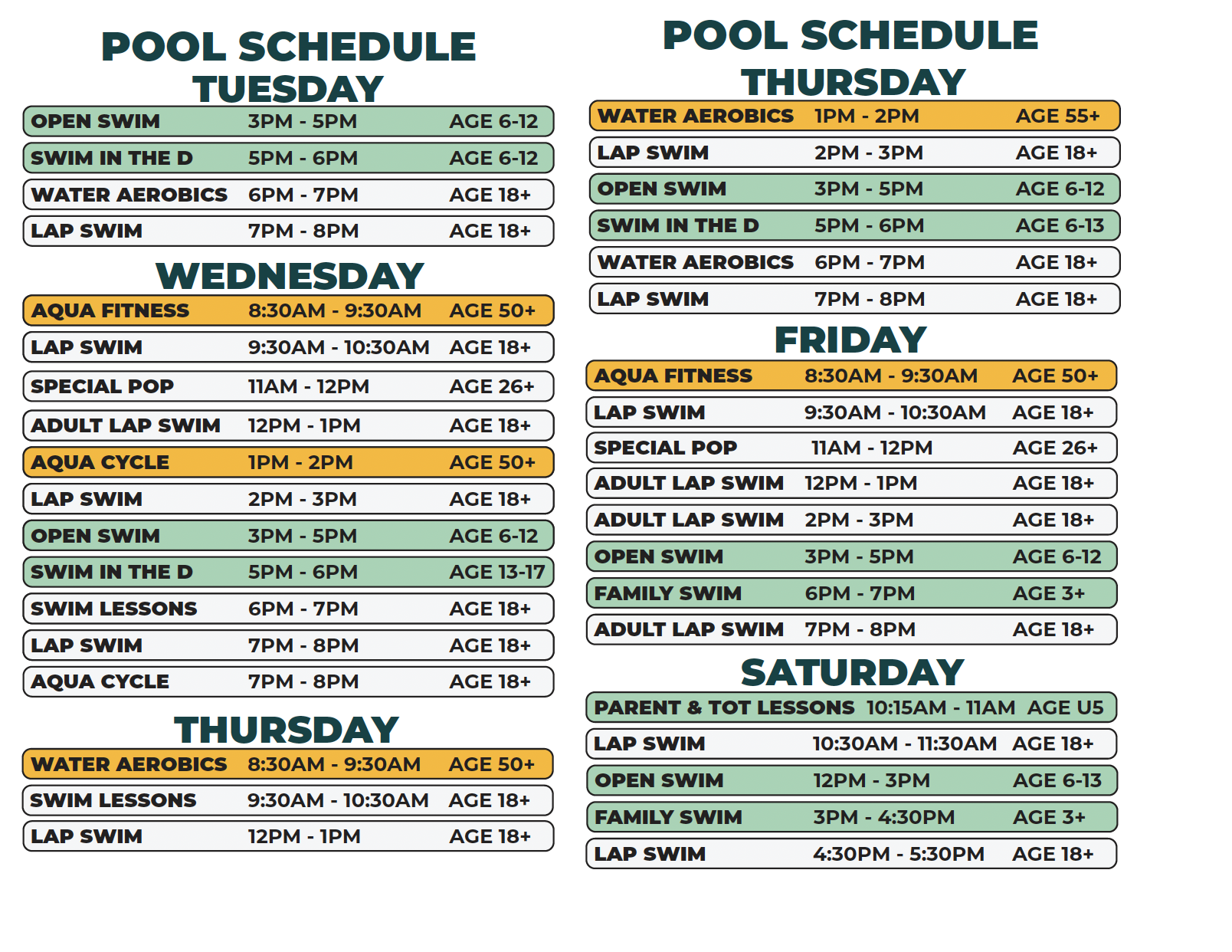 Heilmann Recreation Center Spring 2026 Pool Schedule (Tuesday and Saturday)