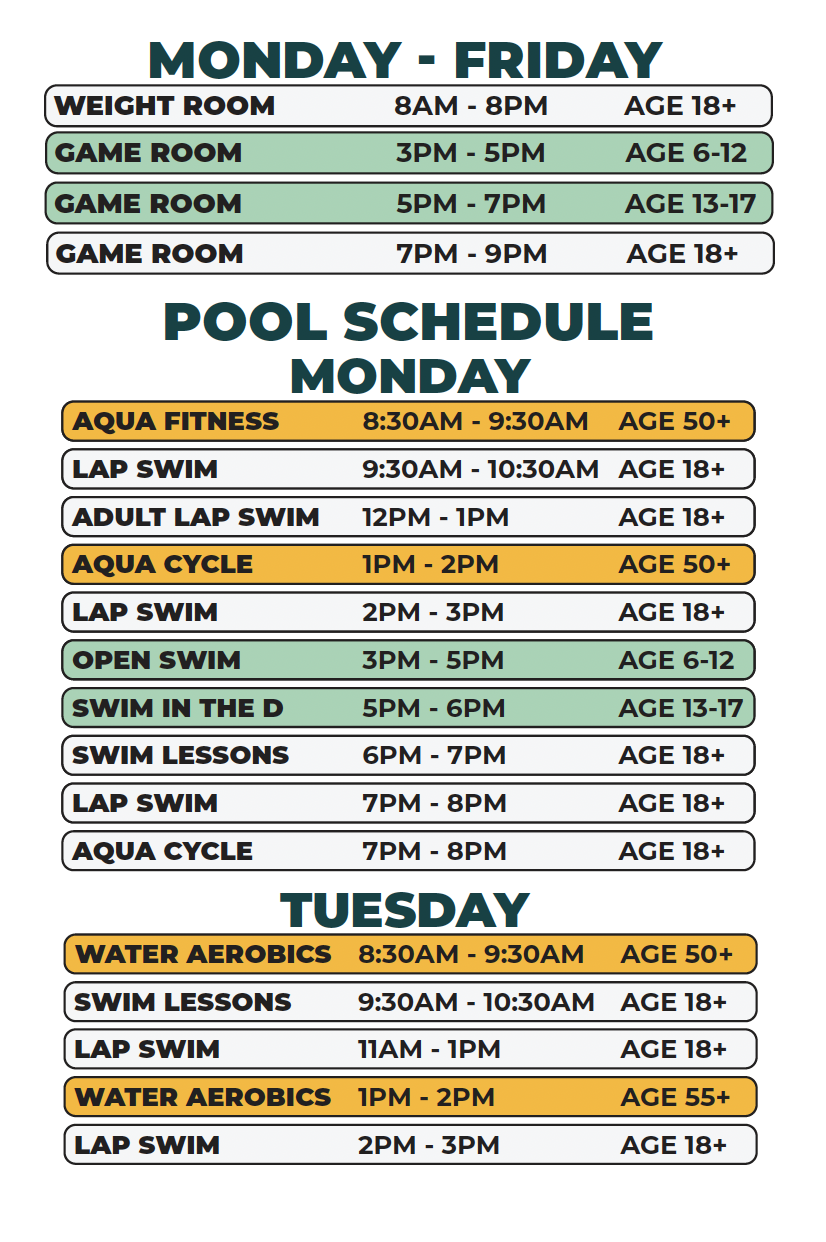 Heilmann Recreation Center Spring 2026 Pool Schedule (Monday - Tuesday))