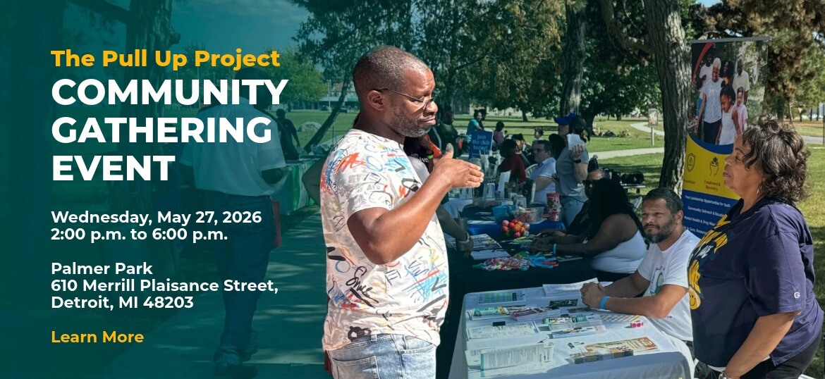Image with a Detroit resident getting help at a table with a caption that reads "The Pull Up Project Community Gathering Event"