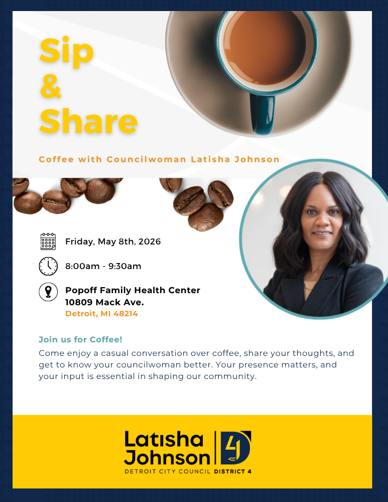 a headshot of councilwoman johnson surrounded by a cup of coffee and coffee beans and event info