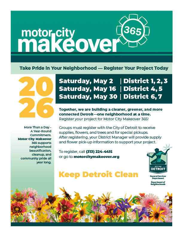 a flier with info for motor city makeover with flowers at the bottom